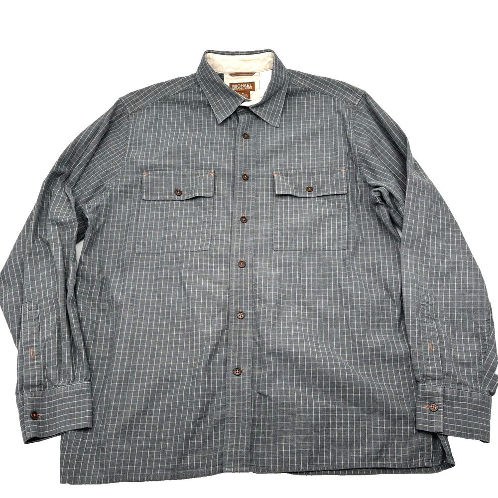 Michael Kors Grey 100% Cotton Window Pane Plaid Casual Button Down Long Sleeve M